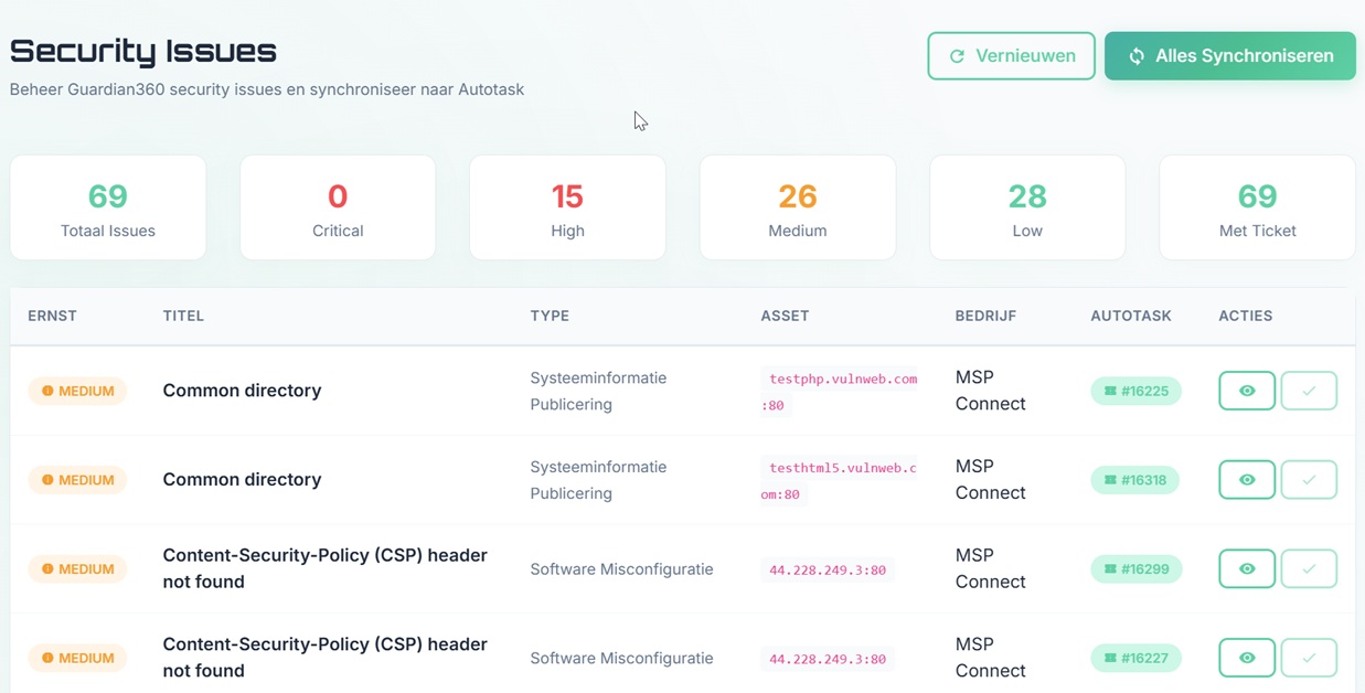 MSP Connect içinde Guardian360 ile Autotask entegrasyonu